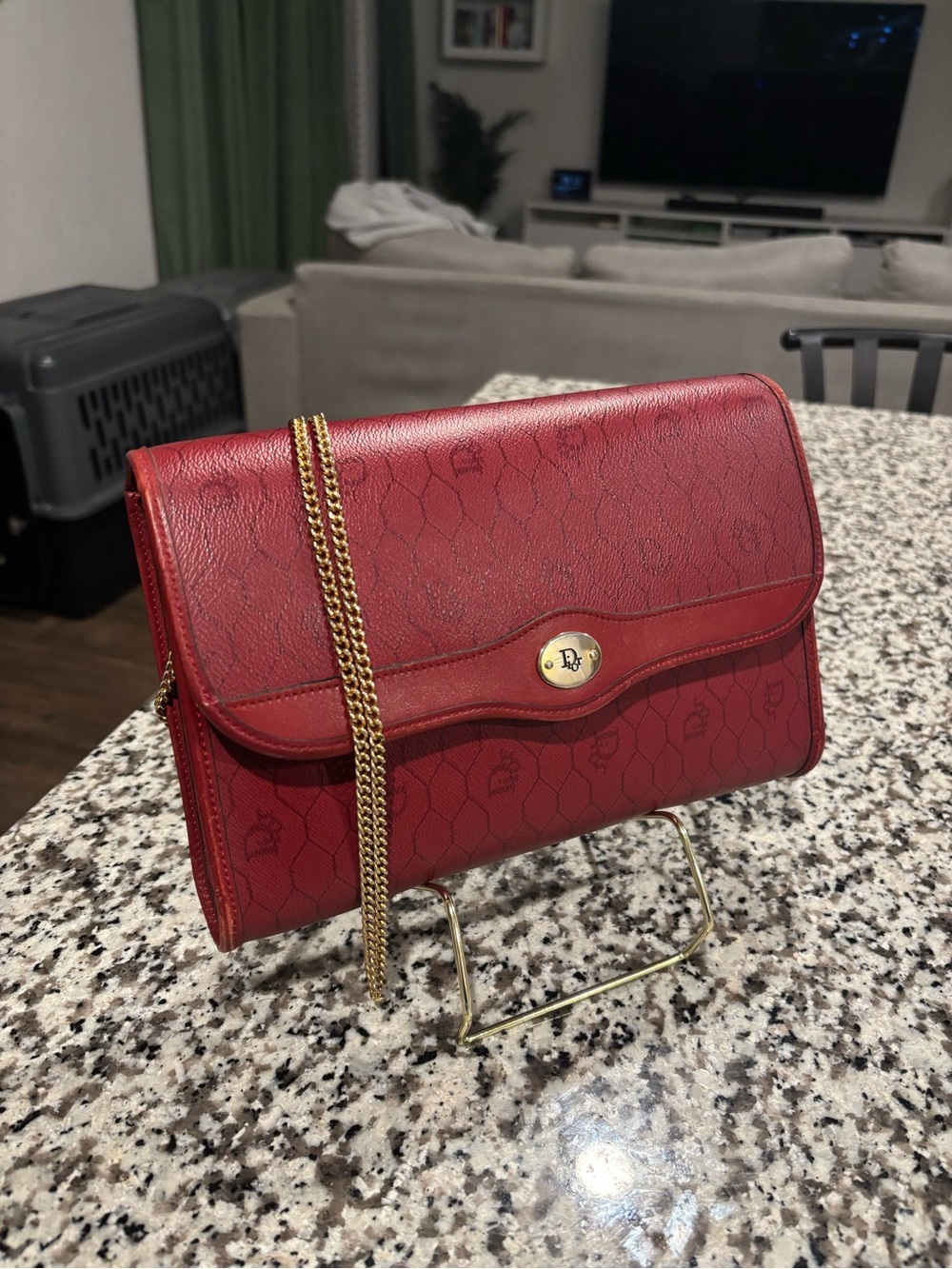 Dior Red Leather Honeycomb Crossbody Bag | Red & Gold | Medium